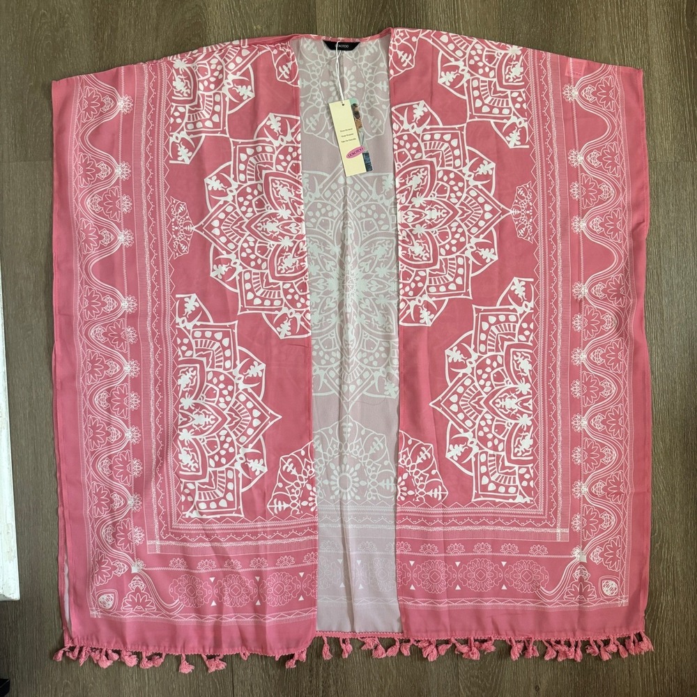 DOKOTOO Kimono Wrap Women One Size Pink Mandala Tassel Fringe Summer Coverup